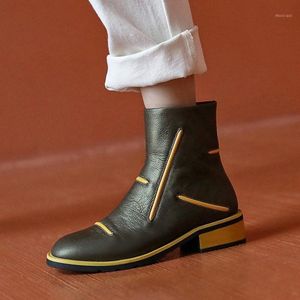 Sklfgxzy Novo estilo Botas verdes pretas Botas de couro genuíno Boots femininos Mulheres britânicas CHide Sapatos femininos Tamanho 34-401