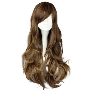 Elegant Long Wavy Dark Brown Side Swept Capless Synthetic Wig