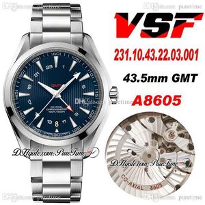 VSF V2 Aqua Terra 150m 43,5mm GMT A8605 Automatisk herrklocka Blue Textured Dial White Stick Rostfritt stål 231.10.43.22.03.001 Super Edition Watches 2022 PURETIME B2