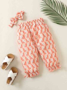 Baby-Hose mit Allover-Blumendruck, Paperbag-Taille, Knoten, Rüschensaum und Stirnband SIE