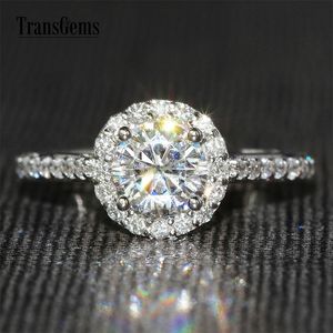 Transgems Center 1CT Halo Engagement Ring 14k 585 White Gold 6.5mm F女性結婚式Y200620