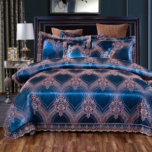 Satin Lace edge Duvet cover set Bedding 1pc Quilt Cover 1pc Bed sheet 2Pcs pillow shams European Luxury Queen King Size 4Pieces T200706