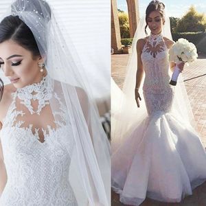 Sexy Vestido De Novia Mermaid Wedding Dresses Formal Bridal Gowns Halter Beaded Lace Appliques Crystal Beads Luxury Illusion Sweep Train Plus Size