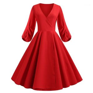 Рокабилли Платье оптовых-Повседневные платья красное платье осень плюс размер женской одежды Pin Up Vestidos ретро вечеринка халат рокабилли с длинным рукавом старинные платья1