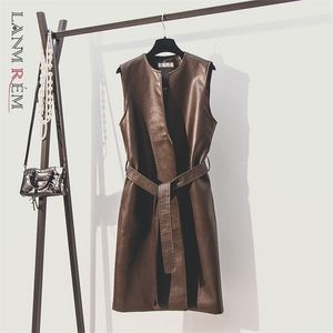 LANMREM Autumn Winter Moto & Biker Long Vest For Famale Bandage Sleeveless PU Leather Waistcoat Belt Streetwear YJ635 211220