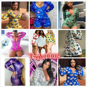 Plus Size Women Jumpsuit designer Sexy slim Long Sleeve Nightwear Cartoon Printed Shorts Button Bodysuit Casual Ladies Home Rompers