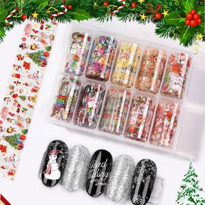 10pcs Christmas Nail Art Decorations For Nails Mix Colorful Transfer Nail Foil Sticker Snow Flower Elk Gift Santa Adhesive Paper