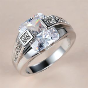 Trendy Männlich Weiblich Weiß Kristall Stein Ring Charme Silber Farbe Ehering Klassischen Quadratischen Zirkon Verlobungsringe Für Frauen Männer