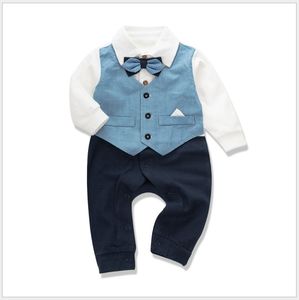 Moda-bebê cavalheiro macacão jumpsuits de manga comprida com bowtie infantil algodão onesies crianças uma peça geral