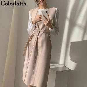 Colorfaith New 2021冬の春の女性のドレスサッシソリッドスプリットストレートニット暖かいセーターエレガントなオフィスレディースDR7199 Y0118