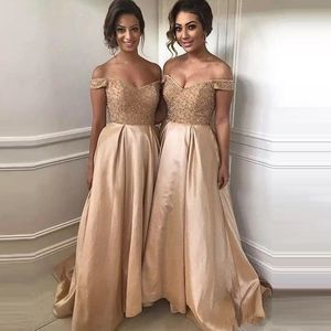 Gorgeous Long Gold Evening Dresses Off Shoulder Sweep Train A Line Bridesmaid Dress Custom Made Simple Guest Party Gowns 328