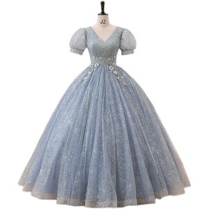 100%prawdziwa bajkowa niebieska suknia motyw Suknia Bubble Sleeve Kostium Kostium Średniowiecza Sukienka Renesans Królowa Victoria Cosplay/Antoinette/Hafdery Belle Ball Luxury