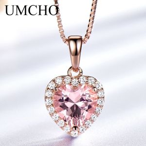 UMCHO Solid 925 Sterling Silver Pendants Necklaces For Women Rose Pink Morganite Charm Heart Pendant For Girl Gift Fine Jewelry Q0531