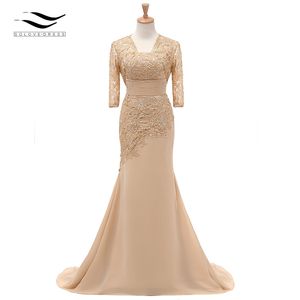 Three Quarters Sleeves Champagne Mermaid Lace Formal Evening Dress With Jacket Mother Of Bride Gown For Wedding Party SL- LJ201125