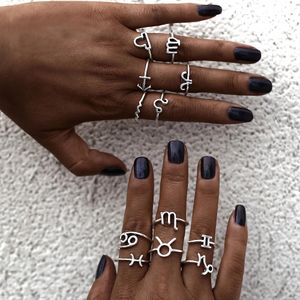Vintage 12 Constellations Ringar för Kvinnor Silver Finger Par Ring Set 2021 Anillos Kvinna Uttalande Mode Zodiac Smycken 12st / Set