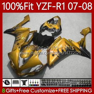 OEM-Verkleidungsset für Yamaha 100 % passend für YZF-R1 YZF1000 YZF R1 2007–2008 Goldflames Karosserie 91Nr.151 YZF-1000 YZF R 1 1000 CC YZFR1 07 08 1000CC 2007 2008 Spritzguss-Karosserie