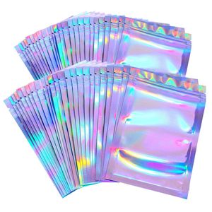 Holographic Color Resealable Smell Proof Bags Foil Pouch Bag Flat Bag for Party Favor Food Storage Retail Packing Bags LX4568