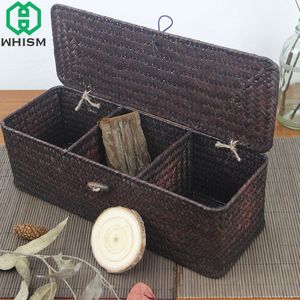 Whism 3 caixa de armazenamento de compartimento cesta de rattan de vime com tampa sundries titular caso contêiner jóias organizador de mesa lj200812