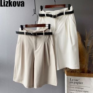 Lizkova verão cintura alta perna larga calça curto mulheres calças de comprimento do joelho branco com cinto coreano casual calças de férias 201006