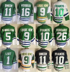 Erkekler Vintage Retro Buz Hokeyi 10 Ron Francis Jersey 1 Mike Liut 5 Ulf Samuelsson 9 Gordie Howe 11 Kevin Dinen 16 Patrick Verbeek 26 Ray Ferraro Beyaz Yeşil Siyah Jingyu