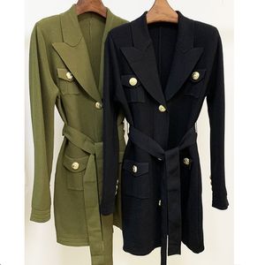 Premium Top Quality Original Design Women's Metal Buckle Trench Coats Long Coat Knitted Sash Waistband Cardigan Overcoat Blazer Jacket