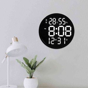 Enkel design vardagsrum ledd rund vägg klocka digital displayte temperatur och fuktighet datum display väckarklocka hem sovrum de h1230