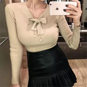 Women's Sweaters Wholesale- Women Wool Pullovers Solid V Neck Sweater Bow+pearl Knitted Sueter Top Tunic Jumper Pull Femme 2021 Spring Winte