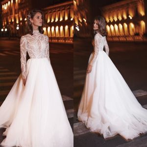 Anna Kuznetcova 2021 Wedding Dresses A Line Bohemia Lace Appliqued High Neck Long Sleeve Bridal Gowns Boho Wedding Dress