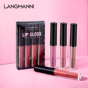 Langmanni 4pcs Mini Lipgloss Set Nude Velvet Red Matte Lipstick Waterproof Long-lasting Non Stick Cup Makeup Lip Gloss Set