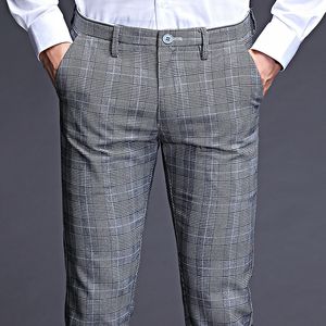 Icpans Stretch Plaid Klänning Byxor Män Slim Fit Men Passar Byxor Längd Formell Business Summer Suit Byxor För Män Byxor 201106