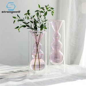 Strongwell INS Nordic Double Layer Glass Vase Test Tube Flower Vase Plants Holder Craft Home Office Wedding Decoration Gift LJ201209