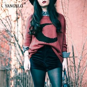 Yangelo Gothic Moonパターンセーター女性ニットトップルーズロングスリーブ暖かい秋のストリートウェアファッション原宿ガールプルオーバー201111