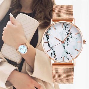 Mode Rose Gold Mesh Band Creative Marmor Kvinna Armbandsur Lyx Kvinnor Quartz Klockor Gåvor Relogio Feminino Drop 220113