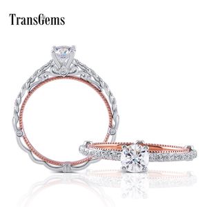 Transgems 14K 585 Two Tone Vintage Ring 5mm F Color Round Engagement Ring for Women Twisted Stackable Band Y200620