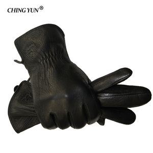 Winter man deer skin leather gloves male warm soft men's glove black three lines design men mittens sheep hair lining 211228