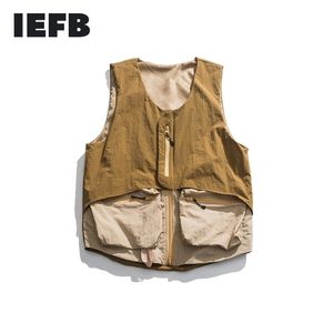 IEFB / 남성용웨어 작업복 많은 주머니 outwear 조끼 남성 가을 느슨한 지퍼 v 칼라 양복 조끼 All-Match 9Y1349 201104
