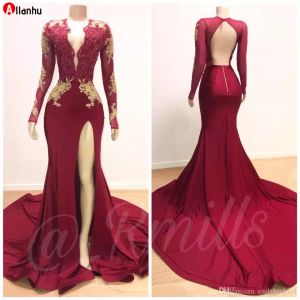 YENİ! 2019 Yeni Moda Bordo Derin V Boyun Gelinlik Modelleri Mermaid Dantel Aplike Uzun Kollu Backless Yan Bölünmüş Örgün Abiye Sweep Tren