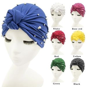 Muslim Women Beaded Headwear Wrap Turban Cap Forehead Knotted Hijab Hat Beanies Ramadan Islamic Pleated Soft Bonnet