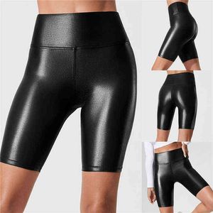 Kvinnor hög midja faux läder shorts sexig smal solid svart sommar kort byxor avslappnad mode elastisk pu shorts y220311