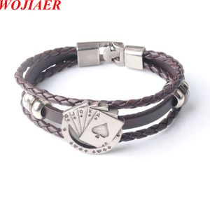 Wojiaer Men's Dichroic Leather Bracelets Vintage Lucky Poker Card Charm Multilayer Woven Bracet Male Cuff Jewelry Gift BC005