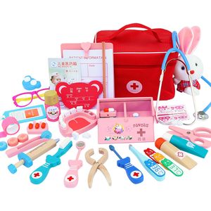Kids Toys Doctor Set for Kids Children Kit Games for Girls Boys Pretend Play Wood Red Medical Dentist Medicine Box Cloth Bag 210312
