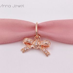 No color fade off Solid Rose Gold Bow with CZ Pandora Charms for Bracelets DIY Jewlery Making Loose Beads Silver Jewelry wholesale 380357CZ