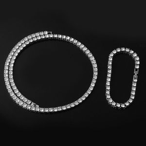 Hip Hop 5MM Iced Out Necklaces + Bracelet 1 Row Rhinestone Choker Bling Crystal Tennis Chain Necklace For Men Jewelry