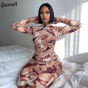 OrangeA Sexy Skinny Women Long Sleeve Bodycon Aesthetic Print Ruched Party Dress Stretchy Casual Fashion Turtleneck Slim Outfits Y220304
