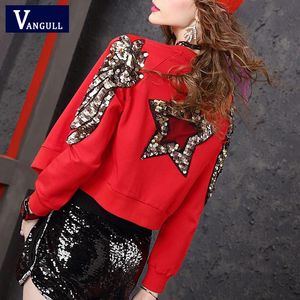 Vangull Women Sequins Coat Bomber Jacket 2019 New Autumn Long Sleeve Streetwear Casual Red Coat Glitter Star Wings Outerwear T200114