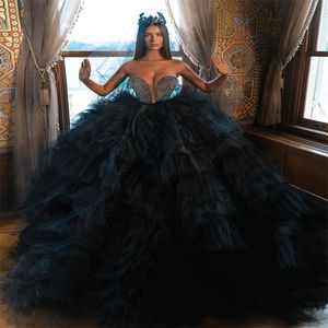 Luxuriöse schwarze Meerjungfrau-Abendkleider, herzförmiger Kristall, Ballkleid, Partykleider, nach Maß, Prinzessin, Sweep-Zug, Ballkleider