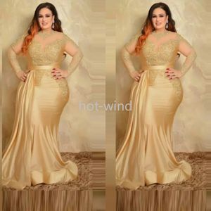 2022 New Sexy Plus Size Formal Evening Dresses Elegant with Long Sleeves Gold Lace High Neck Sheath Special Occasion Dress Mother of The Bride EE