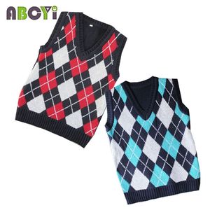 3M-12Y Boys Girls Sweater Spring Autumn Pullover Pull Enfant Garcon Vest Blue Red V-neck Plaid Knitted Baby Sweater Kids Clothes 201109
