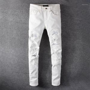 Мужские рваные джинсы с белыми кристаллами и дырками, модные узкие узкие эластичные джинсовые брюки со стразами, узкие узкие джинсы с заплатками1277H