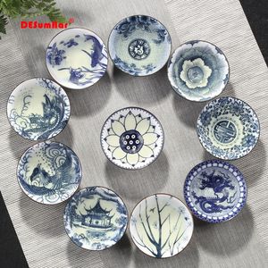 4st / set blå och vit porslin te kopp, handmålade kotte teacup, kinesisk stil mönster teacups, te tillbehör puer cup set lj200821